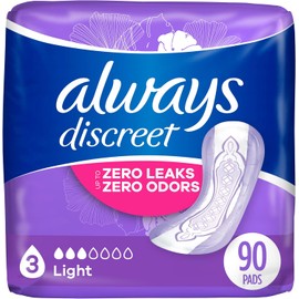 Always Discreet Adult Incontinence & Postpartum Pads for Women, Size 3, Light Absorbency, Regular Length, 30 Count x 3 Packs (90 Count total)