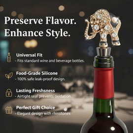 BLARYETI Elephant Wine Stopper, Lucky Trunk Up Animal Wine Bottle Topper with Rhinestones, Gold Zinc Alloy Cork Replacement for White Elephant Gifts, Housewarming, Safari Decor (1 Pack)