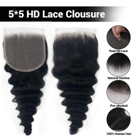 Filelf 5x5 Closure Hd Lace Frontal,Invisible Natural Hairline Single Knot Free Part Silky Glueless Design Clean Lace Closure Deep Wave Natural Black 16 Inch