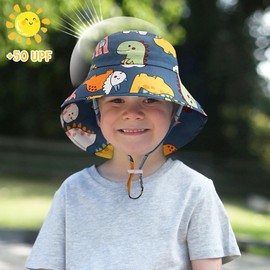 XYIYI Grey Blue Dinosaur Wide Brim Sun Hats with Neck Flap for Baby Boys Quick Dry Beach Caps