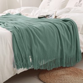 Homiest Decorative Knitted Throw Blanket with Fringe, Lightweight Blanket Acrylic Knit Blanket, Soft & Cozy Tassel Blanket for Couch Sofa Bed (Sage Green, 50 x 60 Inch)