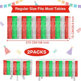 Morcheiong 2 Pack 29.5x108 Inch Foil Fringe Tinsel Table Skirts Disposable Table Skirt Banner for Rectangle Tables Tinsel Backdrop Curtain Party Supplies Christmas Decorations (Red Green Silver)