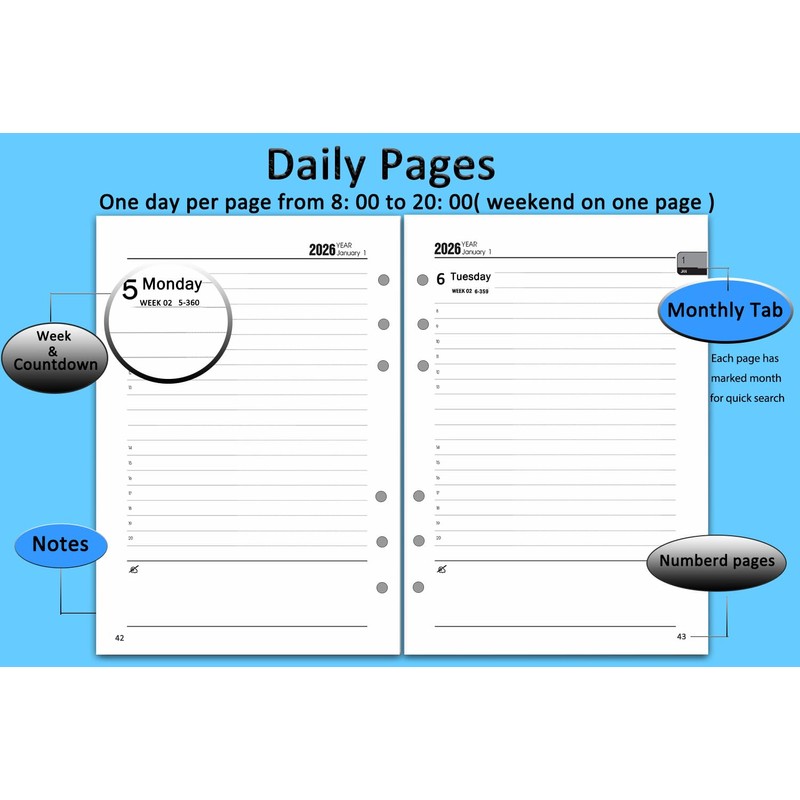 2026 Calendar Insert A5, 6-Hole, 1 Day per Page with