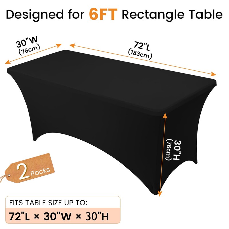 2 Pack Spandex Table Cover 6 FT Black Tablecloths Rectangle