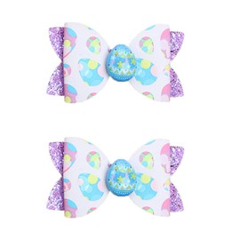 2Pcs Easter Hair Bow Clips - Lovely Bunny Egg Rabbit Pattern Headwear Handmade Boutique Grosgrain Leather Alligator Hair Barrettes Party Cheer Accessories for Toddlers Girls Kids (Blue Eggs)