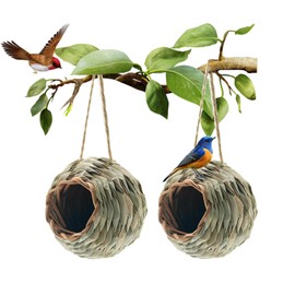 WDEFUN Humming Bird Houses for Outdoor Hanging, Natural Grass Bird Hut,Hand Woven Hummingbird Nest,Wren Finch Bird House for Garden Window Outdoor Home 2 Pack