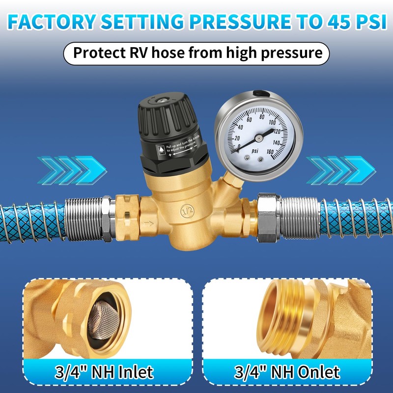 Boltigen RV Water Pressure Regulator with Gauge, Adjustable Handle Water