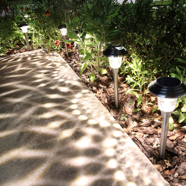 Morvat LED Auto Solar Powered Outdoor Path Lights with Stainless Steel & Glass Lens for Garden Yard & Pathway, Bright Waterproof Landscape & Patio Lighting, Dusk to Dawn, Warm Light, 8 Pack