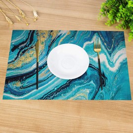 Swono Blue and Golden Mable Placemats,Incorporate The Swirls of Marble Or The Ripples of Agate Place Mats Home Decoration for Dinner Table,Indoor Outdoor Waterproof Kitchen Table Mats Set of 4,12"X18"