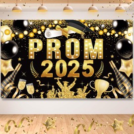 Qpout Prom 2025 Banner,Black Gold Graduation Photo Backdrop,Large 71x43.3 Inches, Stunning Prom Decorations & Party Supplies for Class of 2025