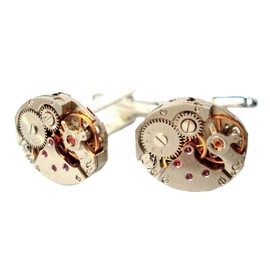 Watch Movement Cufflinks embedded with synthetic Rubies, Oval Shaped *