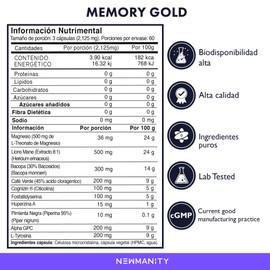 NEWMANITY Memory Gold Nootrópico para Memoria, Enfoque y Claridad Mental - 2 meses - con Cognizin, Bacopa Monnieri, Lion's Mane, Treonato de Magnesio, Phosphatidylserine y Huperzina A