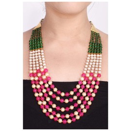 Ratnavali Jewels Pearl Green Multi Layer Strand Moti Mala Beads Party Wear Necklace Jewelry Women RVA647 (Pink)