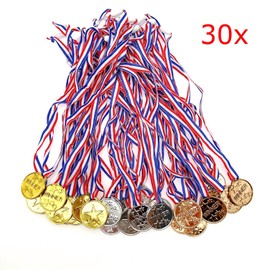 JZK 30 x Plastic gold winner medals gold silver bronze prizes with ribbons for kids party game prizes children birthday party bag fillers party favours toys kids sports day medals