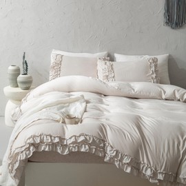 Bedorm Beige Duvet Cover King Shabby Chic Bedding Soft Breathable Washed Microfiber Ruffle Duvet Cover Coquette Cute Comforter Cover Girls Women
