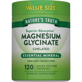 Natures Truth Glicinato de magnesio 200 mg, 120 cápsulas, magnesio quelado de alta absorción, suplemento mineral sin OGM ni gluten                    