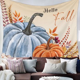 Hello Fall Tapestry Wall Hanging Pumpkin Tapestries Aesthetic Autumn Maple Leaves Wheat Tapestry for Bedroom Living Room College Dorm Room Holiday Thanksgiving Wall Decor Decorative Backdrop 60x80
