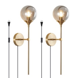 BOKT Mid Century Smoke Glass Bathroom Wall Light Plug in Set of 2 Brushed Brass Gold Long Globe Wall Sconce Lighting Plug in Cord Set of Two Industrial Wall Lamp (Smoke Gray-Plug in)