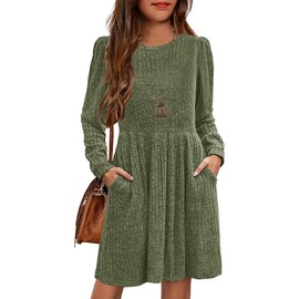 HOSIKA Little Girls Fall Dress Long Sleeve Crew Neck Casual Winter Ribbed Knit Dresses with Pockets for 10-11 Y Army Green