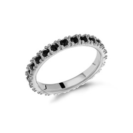 Tuscany Silver Women's Sterling Silver Rhodium Plated 2 mm Black Crystal Claw Set Band Stacking Ring, Size L
