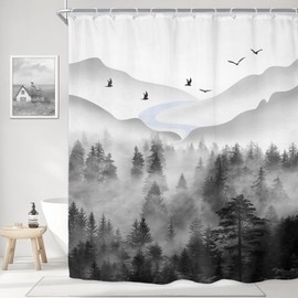 Riyidecor Misty Rainforest Shower Curtain for Bathroom Decor 72Wx72H Dark Black Grey Mens Nature Foggy Woodland Mountain Rustic Scenery Art Printed Fabric Polyester Waterproof 12 Pack Plastic Hooks