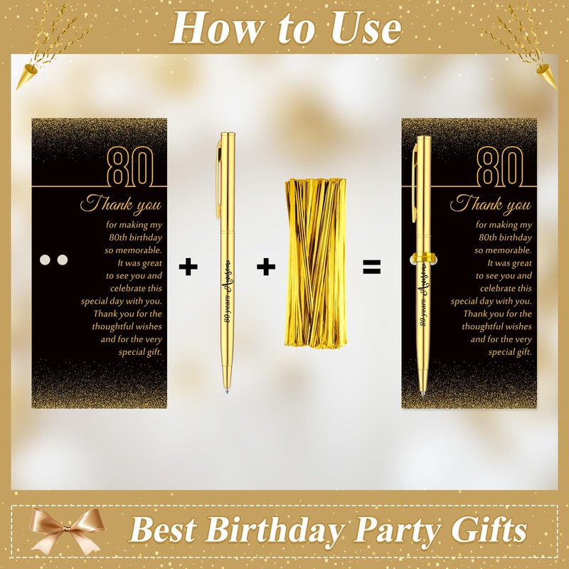 80th Birthday Party Favors with Black Gold Pens Thank You