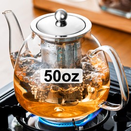 PARACITY Glass Teapot Stovetop 50 OZ/1500ml, Tea pot with Removable 18/8 Stainless Steel Infuser, Borosilicate Clear Tea Kettle, Teapot Blooming and Loose Leaf Tea Maker Tea Brewer for Camping, Travel