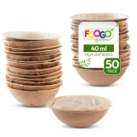 FOOGO Green 50 Disposable Mini Palm Leaf Bowls, 2.75" (7cm) Round, 40ml (1.4oz) Mini Sauce Pots, Snack Pots, Ketchup Mayo Pots, Eco-Friendly Biodegradable, Like Bamboo Bowls, Paper Bowls