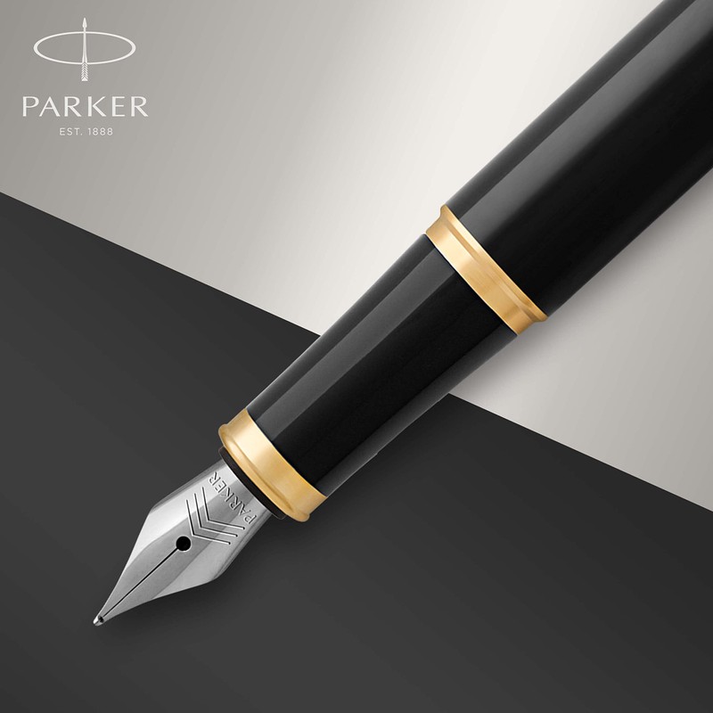 Parker IM Fountain Pen, Black Lacquer Gold Trim, Medium Nib