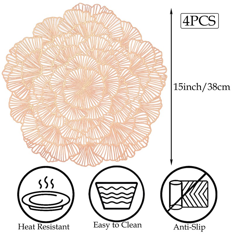 MuuXii Round Placemats Set of 4 Rose Gold Flower Tablemats