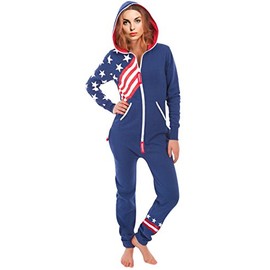 SKYLINEWEARS Women's Hooded Onesie Pajama Cozy Unisex Jumpsuit with Zip One-Piece Non Foot Playsuit Right US-Flag Dk Blue S