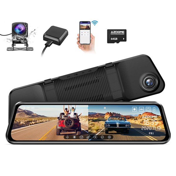 AZDOME 12" Mirror Dash Cam Backup Camera, 2K Smart Rearview Mirror for Cars & Trucks, 2K Front and 1080P Rear View Dual Cameras, Night Vision, Parking Assistance, Free 64GB Card, Built-in Wi-Fi&GPS
