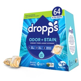 Dropps Odor & Stain Biobased Power Laundry Detergent Pods, Crisp Breeze (64 Pods) - HE Compatible Laundry Pods for Fresh Clothes - Laundry Soap Supplies & Recyclable Paperboard Packaging