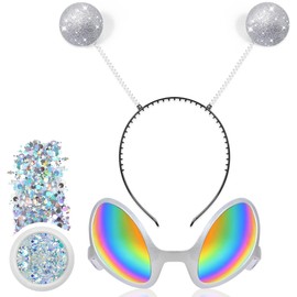 U-Goforst Alien Headband Alien glasses Glitter Set, Alien Antenna Headband Alien Sunglasses Adult Women, Space Alien Costume Accessories, Sparkly Alien Accessories