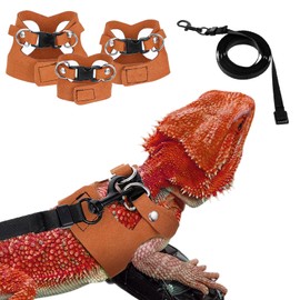 HJZHII 3 Sizes Bearded Dragon Harnesses and Leash Set, Adjustable Soft Leather Lizard Leash Harness Small Animal Walking Vest with Traction Rope for Small Reptiles Squirrel Rat Bearded Dragon Lizard
