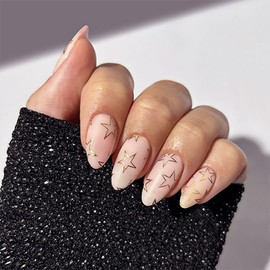 Press on Nails Medium Almond MABKJLF Nude Fake Nails False Nails with Gold Stars Designs Full Cover Glossy Glue on Nails Stick on Nails Acrylic Nails for Women Girls 24 Pcs
