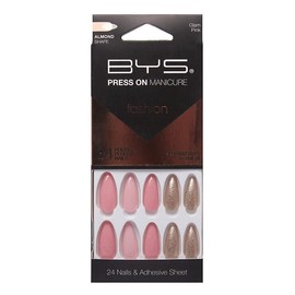 BYS Press On Manicure Artificial Nails, Glam Pink Almond, 24 count