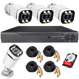 Home Security System 4Ch DVR Kits with 4pcs 1080P Waterproof Bullet Analog AHD TVI CVI Camera 3MP Lens Color Night Vision Outdoor Surveillance Wired CCTV Set (Include 500GB HDD) 24/7 Recording