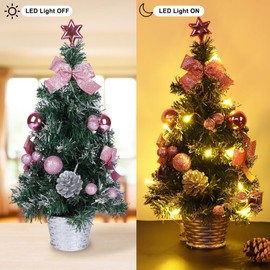 Mrinb 45CM Small Christmas Tree with Lights,Mini Desktop Decoration Tree with Star Tree Topper, Balls, Bows, Pine Cones for Home Office Shopping Bar Christmas Decorations (Pink)