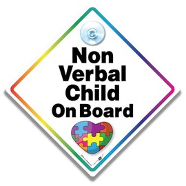 Non-Verbal Child on Board Car Sign, 14 x 14 cm, Multi coloured Puzzle Piece Diamond Warning Sign with Suction Cup, Autism Awareness Emergency Alert