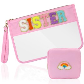 SUILU 2 Pcs Cosmetic Makeup Bag with Chenille Letter Patch,with Handles PVC Waterproof Clear Makeup Bag,Portable Toiletry Storage Bag, Sister, 15.8 x 25 inches