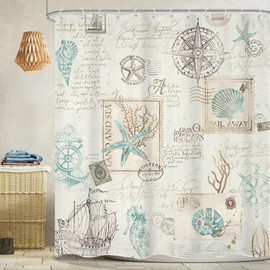 Omifly Vintage Nautical Shower Curtain 72Wx72H Inch Coastal Sailboat Compass Anchor Starfish Seashells Retro Sea Horse Ocean Beach with 12 Plastic Hooks Fabric Waterproof Toilet Accessories Decor