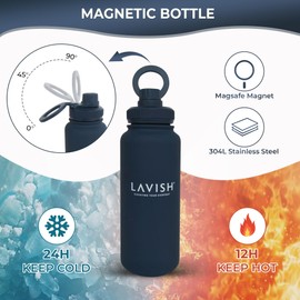 LAVISH Magnetic Bottle | Insulated Water Bottle With Magnetic Phone Holder Compatible with MagSafe | 32oz Stainless Steel, BPA-Free | Tripod Bottle for Selfie Fitness & Crossfit (Dark Blue)