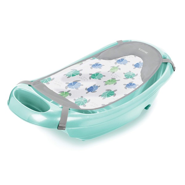 Summer Infant Splish 'n Splash Newborn to Toddler Tub (Aqua) - 3-Stage Tub for Newborns, Infants, and Toddlers - Includes Fabric Newborn Sling, Cushioned Support, Parent Assist Tray, and a Drain Plug