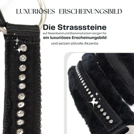 Headcollar for Horses with Glitter Stones, Fur Halter Horse in Black with Rhinestones, 2-Way Adjustable (Black, Thoroughbred (Cob))