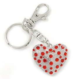 Avalaya Rhodium Plated Red Crystal Puffed Heart Keyring/Bag Charm - 100mm L