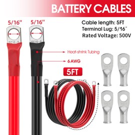 6 AWG Battery Cable 6 Gauge Battery Wires with 5/16 terminals Power Inverter Cables for Solar Boat Marine RV Car (5FT, with 6 AWG 5/16" Lugs)