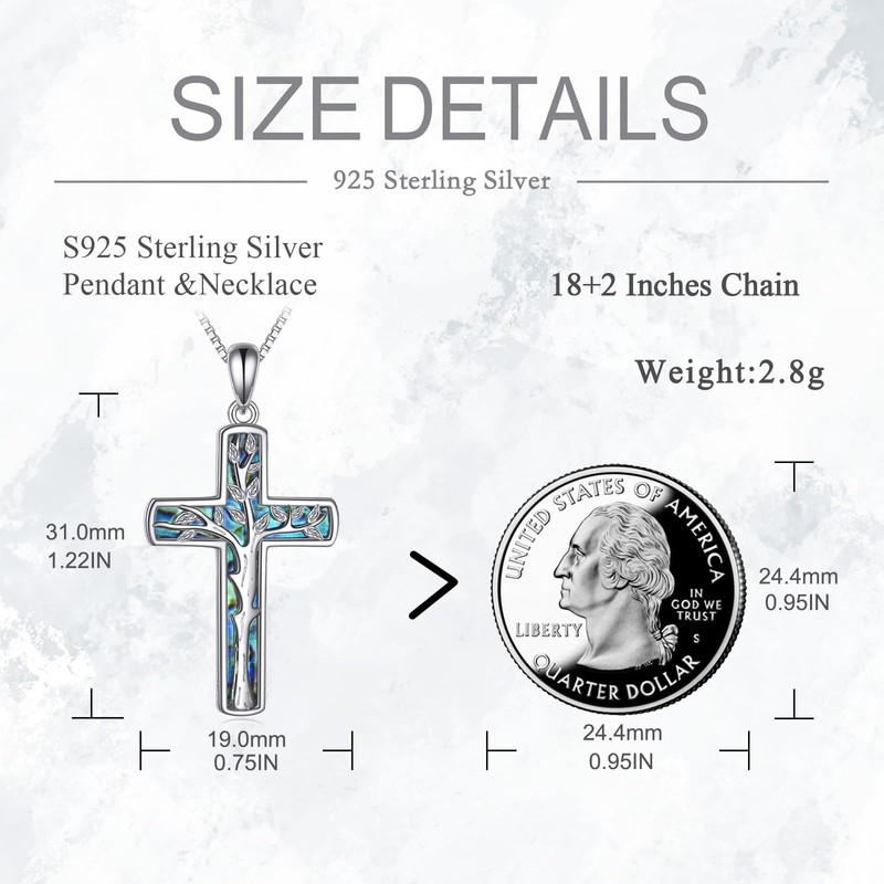 SHEAISRS Tree of Life Cross Necklace 925 Sterling Silver Abalone