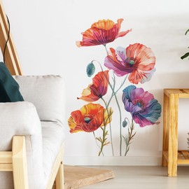 DEIKOKA Watercolor Poppy Flowers Wall Decals Large Floral Wall Stickers Peel & Stick Poppies Wall Art Murals for Living Room Bedroom Classroom Office Decor