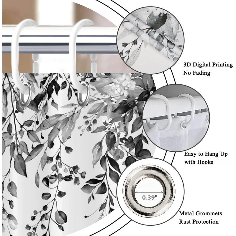 GCIREC Black and White Shower Window Curtain, Watercolor Eucalyptus Leaves